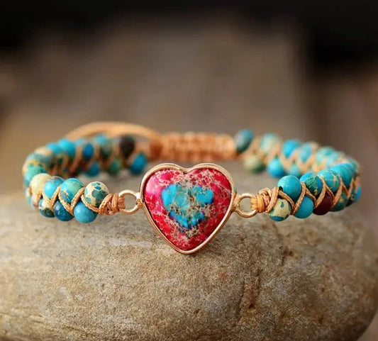Imperial Red & Turquoise Heart Beaded Bracelet with natural Imperial Jasper beads in blue and turquoise, red and turquoise heart centrepiece and gold-tone frame from New & Returning