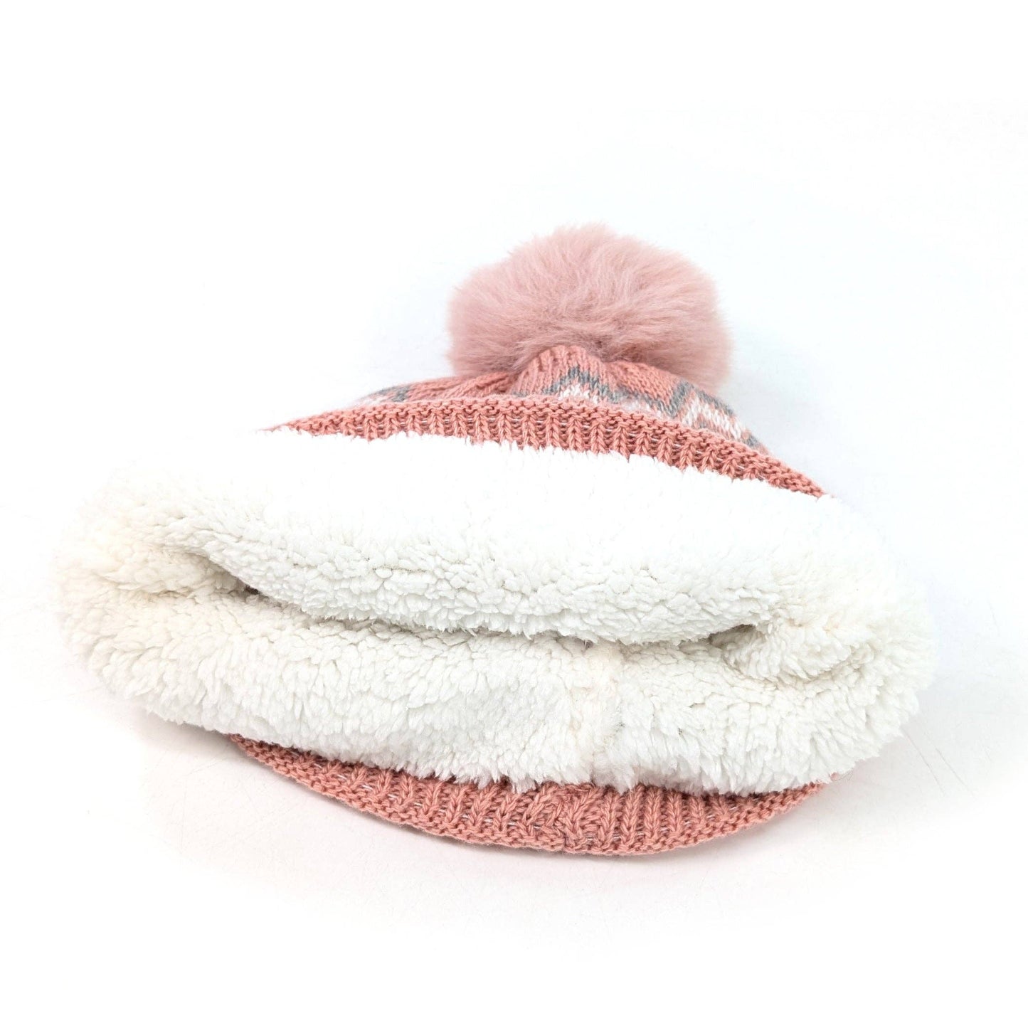 Fluffy Nordic Bobble Hat Pink with Faux Fur Lining