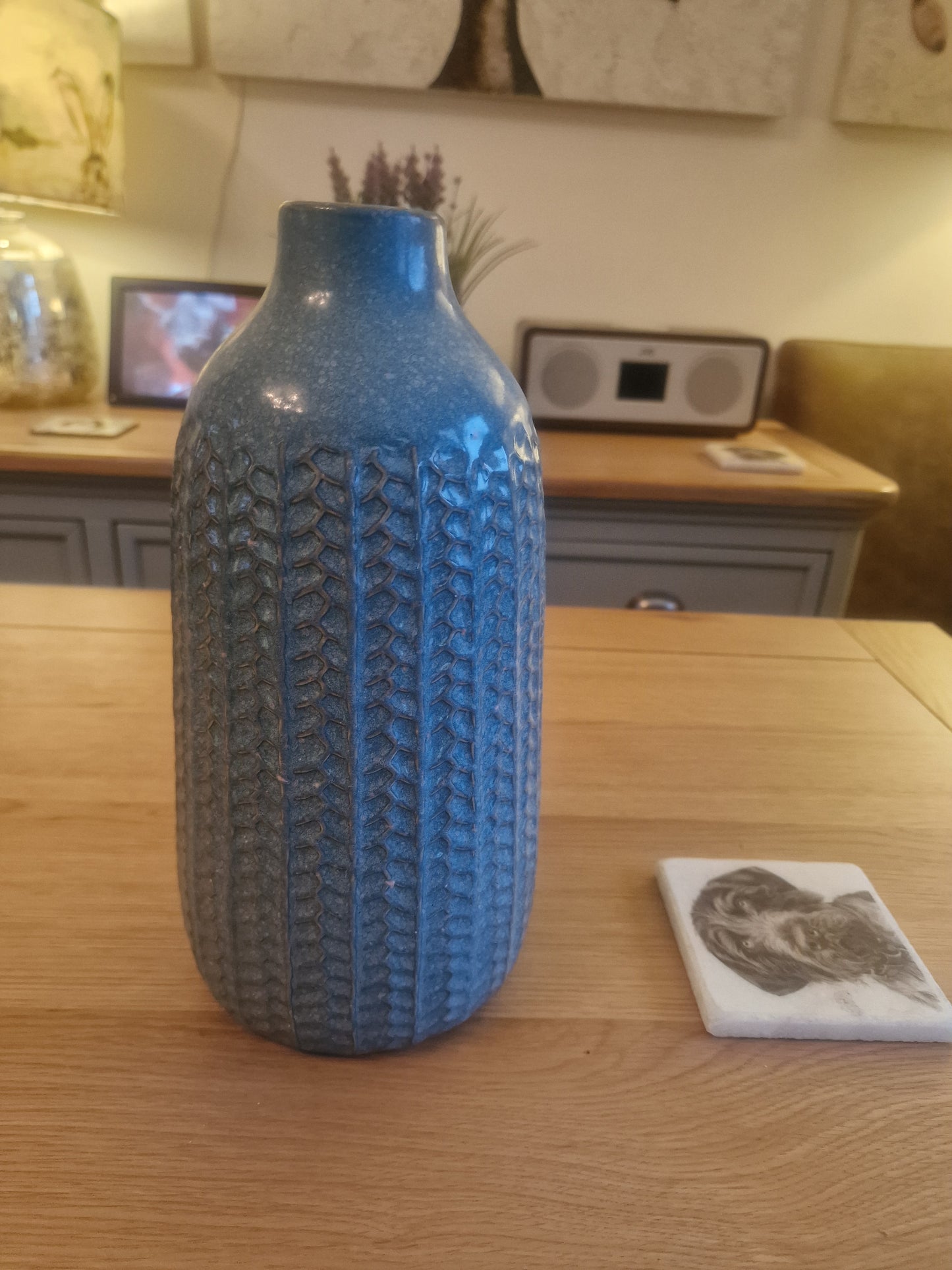 Blue Ceramic Vase with knitted finish H28.5cm -Lovely