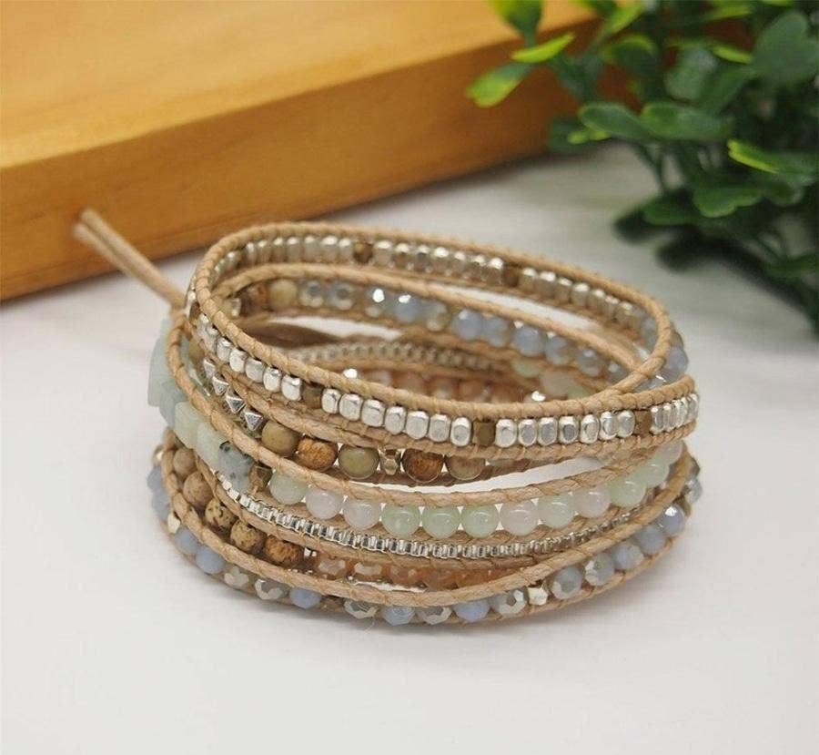 Natural Amazonite & Jasper Stone Boho Wrap Bracelet with sage, sand and silver five-strand beads