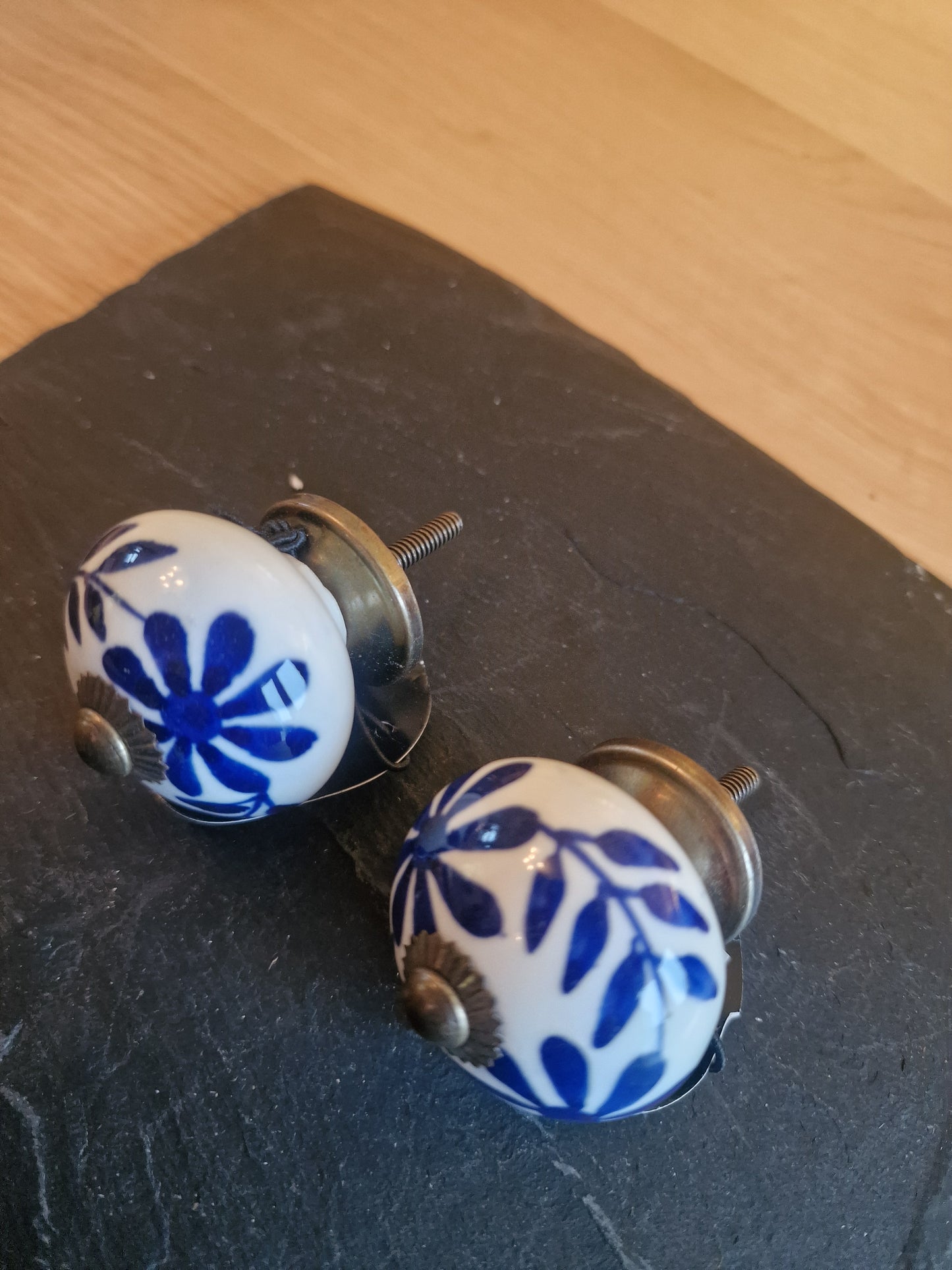 2x Blue Leaf Ceramic Knobs, 4cm x 7cm