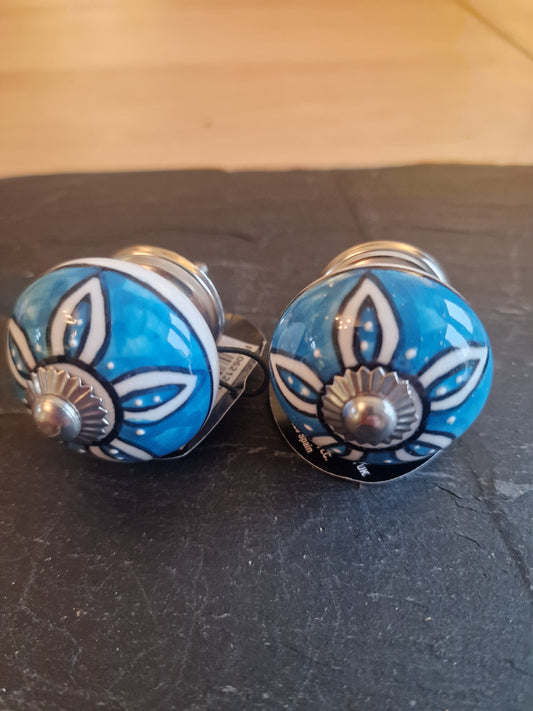 Ceramic Drawer Knobs | Vibrant Blue with White Petal & Silver Centre | Sold in Pairs