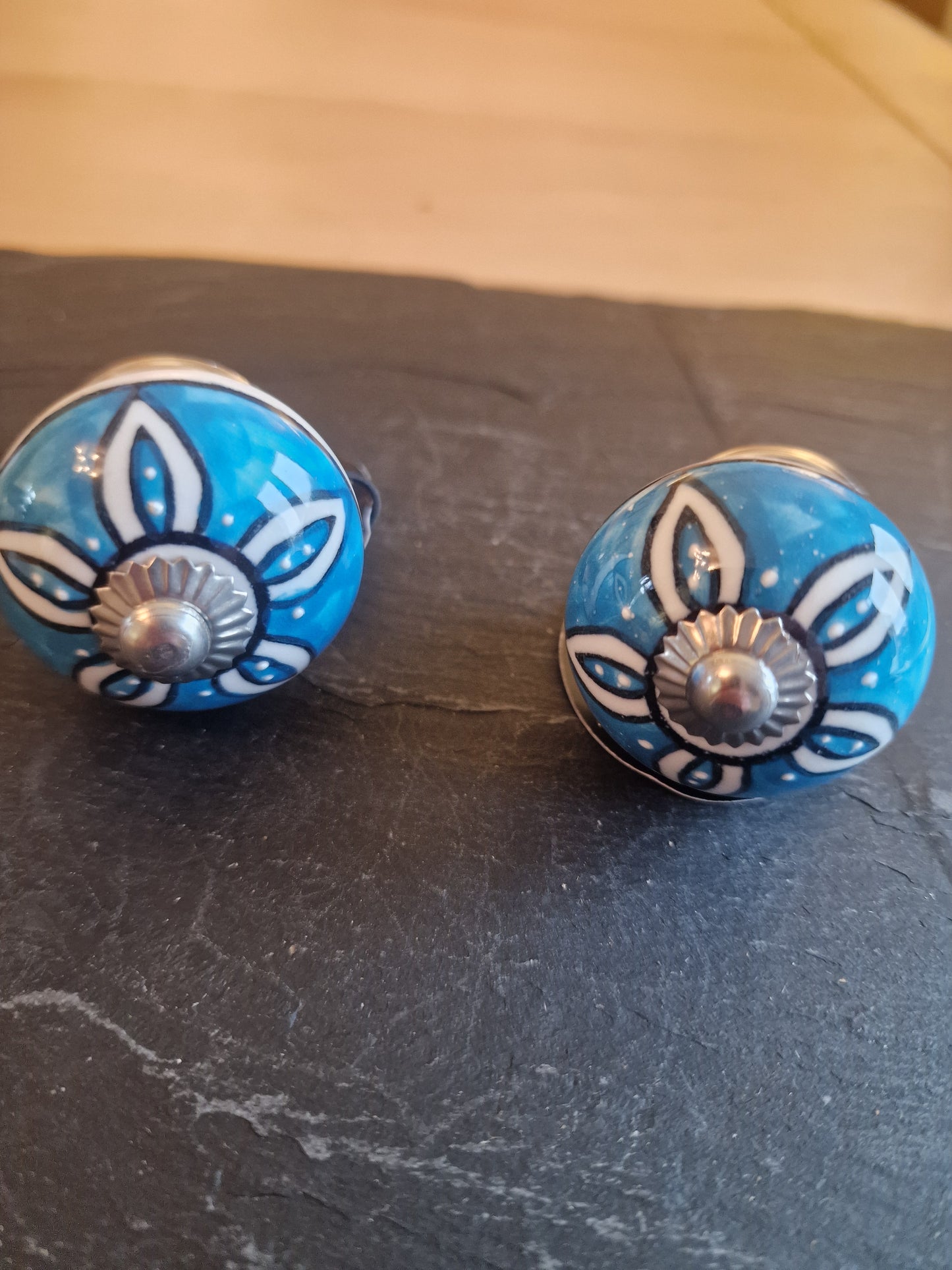 Ceramic Drawer Knobs | Vibrant Blue with White Petal & Silver Centre | Sold in Pairs
