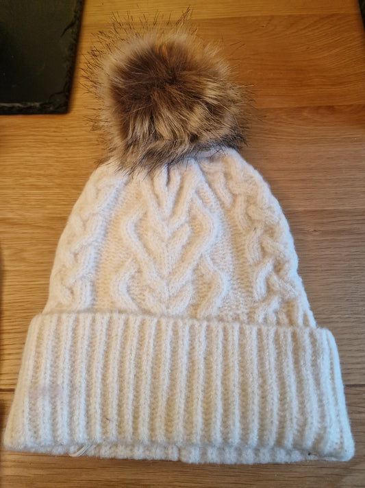 Cream Cable Knit Bobble Hat with Faux Fur Pom Pom