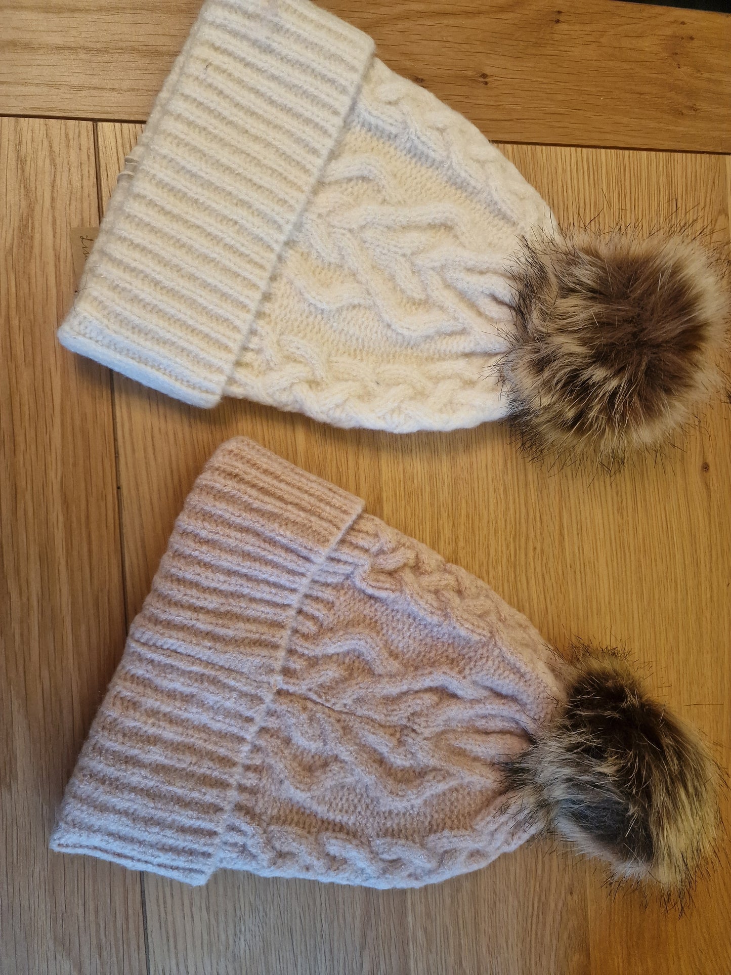 Pink Cable Knit Bobble Hat | Faux Fur Pom Pom Beanie