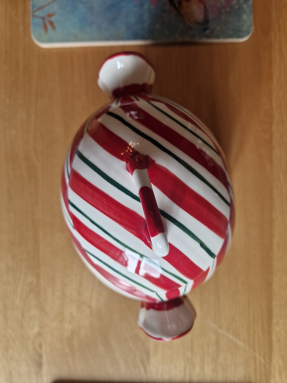 Large Ceramic Cookie & Sweet Jar with Lid 22cm, white ceramic with red and green stripes, sculpted ends