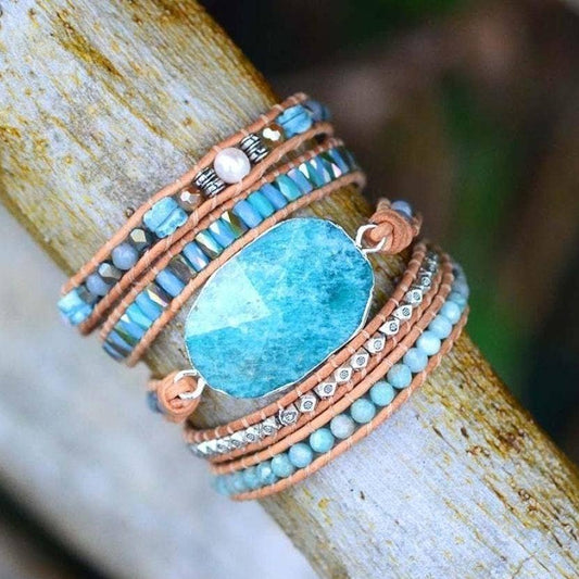 Natural Calming Amazonite Bead Wrap Bracelet, Boho Jewellery with aqua and teal gemstone beads, silver accents, brown leather and a large polished amazonite centre stone from New & Returning