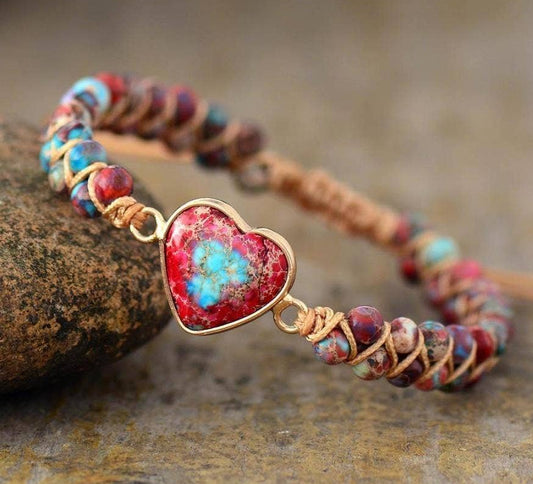 Imperial Jasper Heart Beaded Bracelet handmade with natural gemstone beads in Aqua Blue Brown and Red, gold tone heart centrepiece and bohemian jewellery from New & Returning