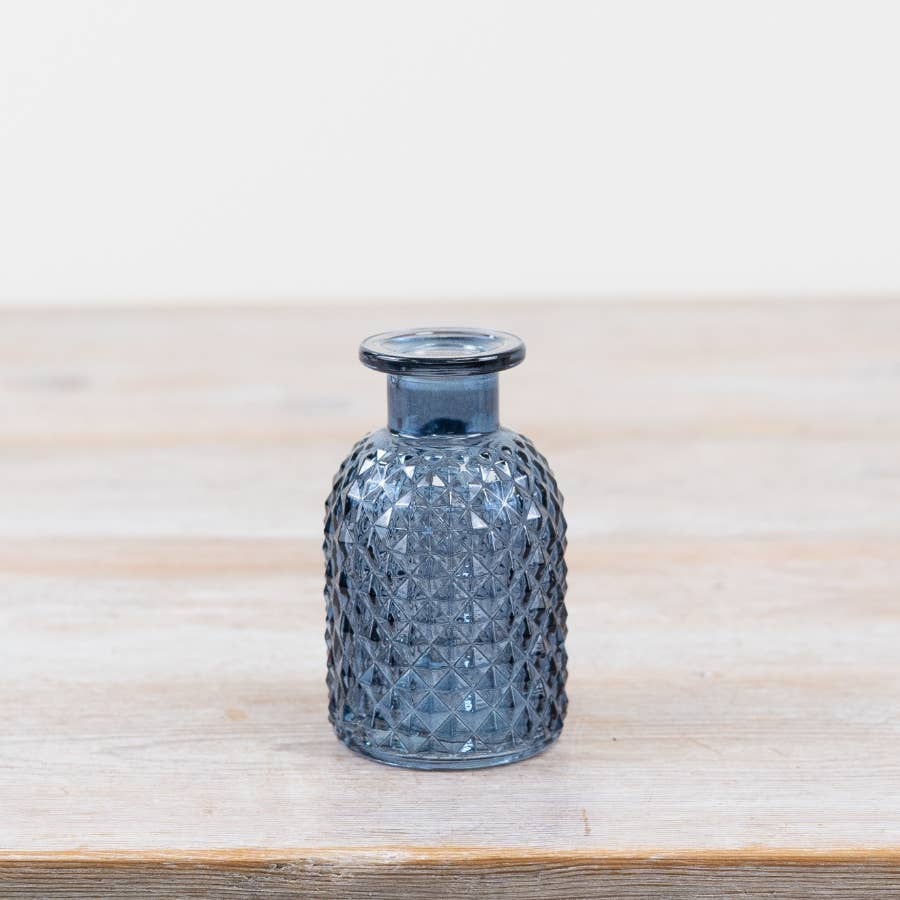 Blue Glass, Patterned Flower Vase Or Diffuser Bottle, 9.2cm