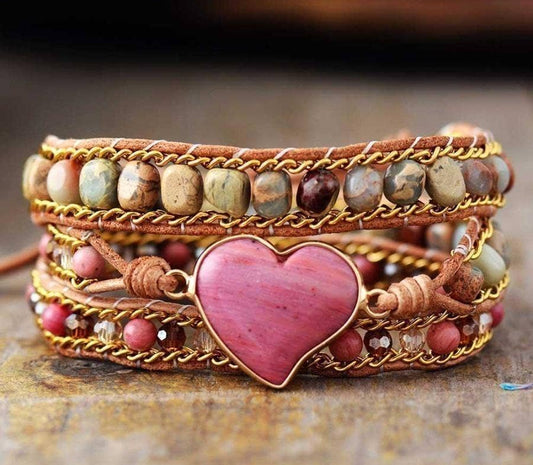 Rhodonite & Jasper Heart Wrap Bracelet, Boho Beaded Strap with pink, white and brown gemstones, genuine leather, gold chain and rose heart from New & Returning