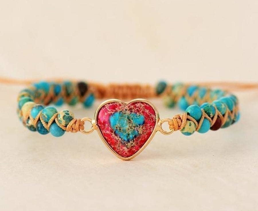 Imperial Red & Turquoise Heart Beaded Bracelet with Imperial Jasper beads and red and turquoise heart centrepiece