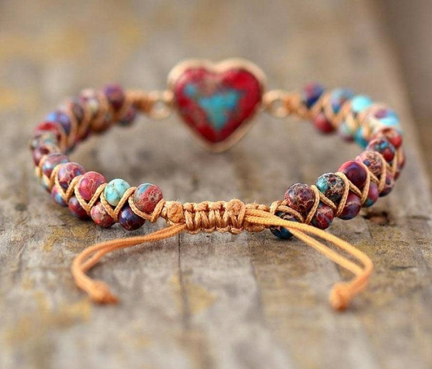 Imperial Jasper Heart Beaded Bracelet with aqua blue brown and red gemstone beads and gold tone heart centrepiece