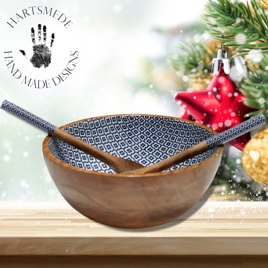 Handmade Serving Bowl with Spoons Stunning Prints Salad Bowl