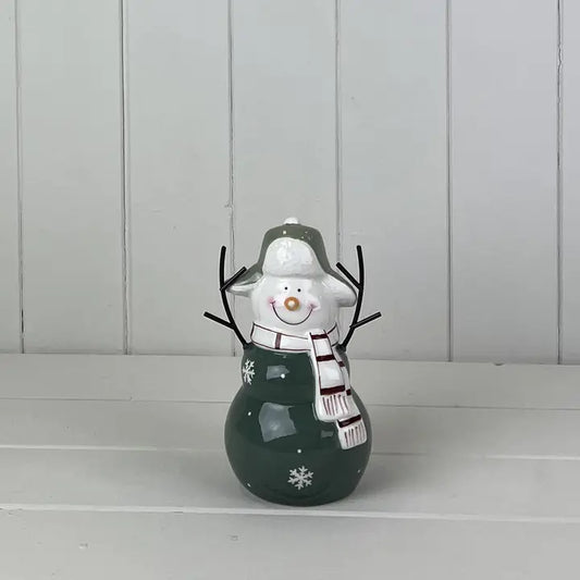Dark Green & White Ceramic Snowman Decoration H16cm