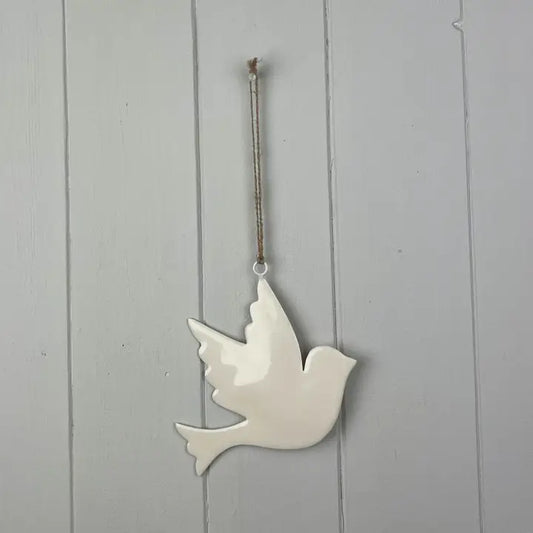 White Enamel Hanging Dove (a classic!) 12x11cm.