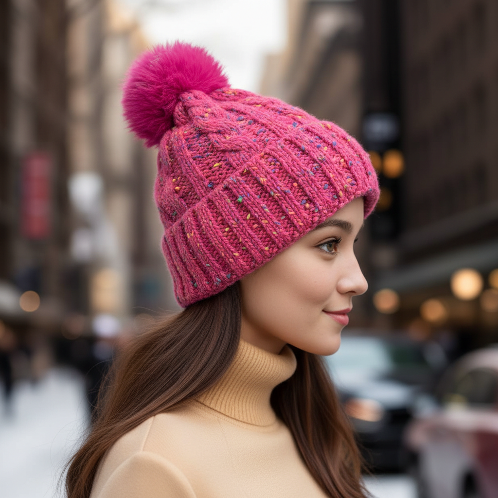 Neon Pink Confetti Bobble Hat with Faux Fur Pom Pom