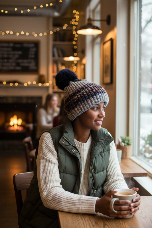 Multi Layer PomPom Hat - Navy Sunset