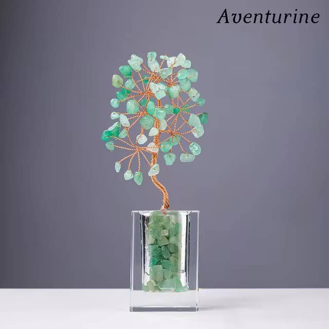 Crystal Mini Tree with Clear Vase H18cm: Green Aventurine