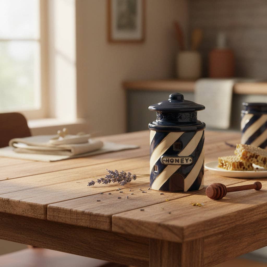 Coastal Novelty Honey Pot | Navy Blue & White Stripe H5"