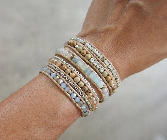 Natural Amazonite & Jasper Stone Boho Wrap Bracelet worn on the wrist with five strands of aqua blue white grey marble and mint gemstone beads on natural wax cord from New & Returning