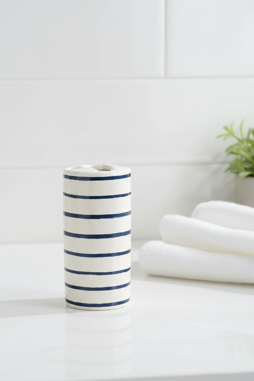Coastal Stripe Ceramic Toothbrush Holder 12.5cm in white and blue striped ceramicાન્ય