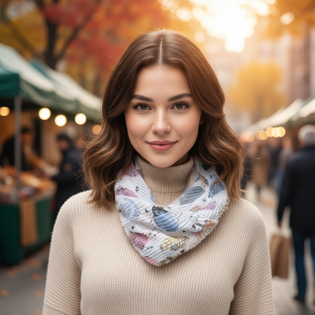 Creative Cat Neck Scarf | Magnetic Clasp Snood in white and Blue with playful cat pattern worn as a cosy neck accessory with magnetic clasp in Fashion collection