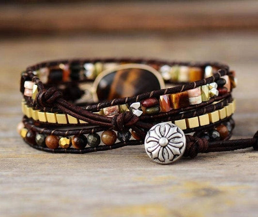 Natural Tiger Eye & Mixed Stone Bead Wrap Bracelet with three strands of amber olive cream and dark chocolate beads and rose gold-tone oval stone from New & Returning
