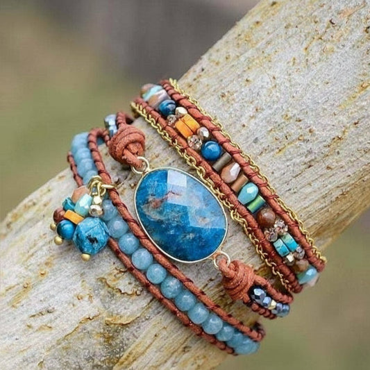 Natural Blue Apatite Gemstone Wrap Bracelet with faceted ocean blue oval stone mixed turquoise blue grey marble pink and brown beads and gold chain from New & Returning