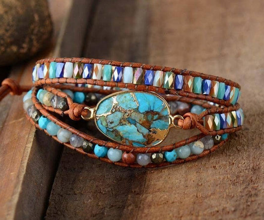 Natural Turquoise & Jasper Wrap Bracelet with triple-wrap genuine leather, colourful gemstone beads and oval turquoise jasper centrepiece, New & Returning collection