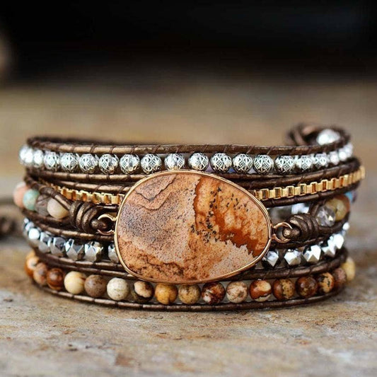 Earthy Jasper Bead Wrap Bracelet with multi strand natural Picture Jasper beads silver filigree gold accents genuine leather and a central landscape stone for boho jewellery from New & Returning