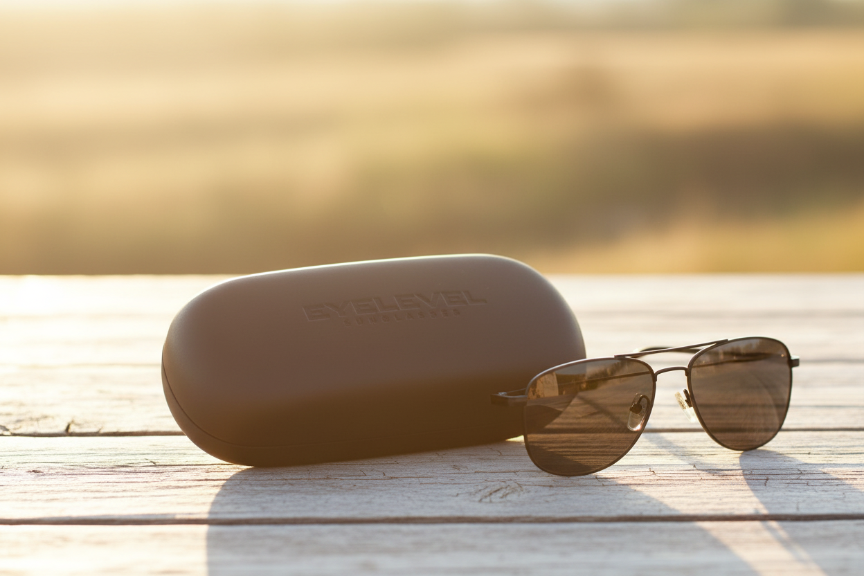 Hard Embossed Sunglasses Case in brown with an embossed hard shell beside brown tinted sunglasses on a sunlit wooden surface for stylish Fashion protection