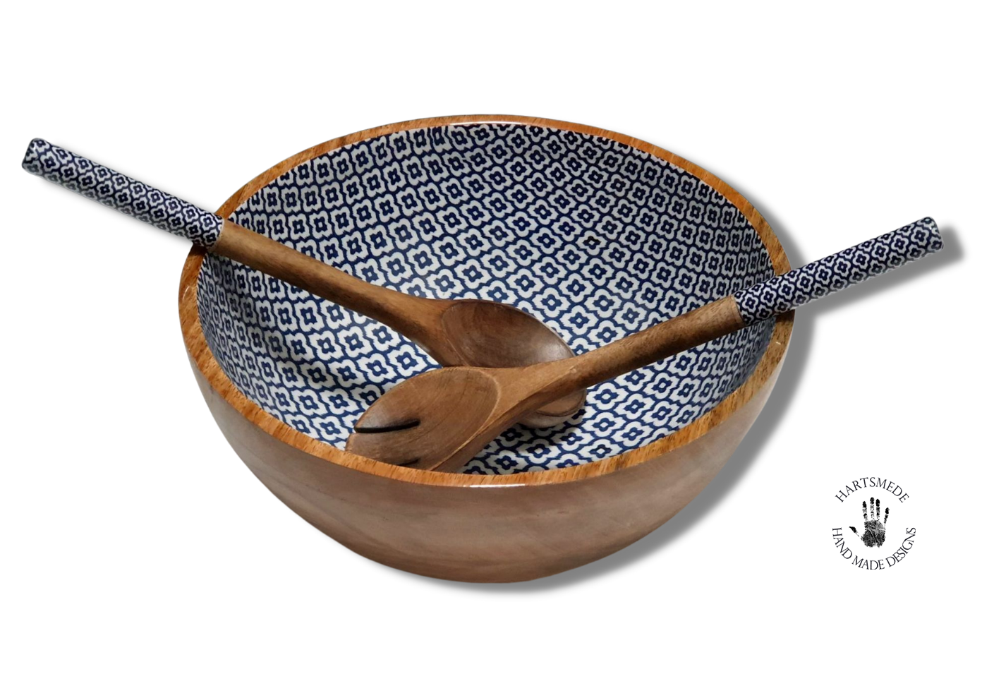 Handmade Serving Bowl with Spoons Stunning Prints Salad Bowl