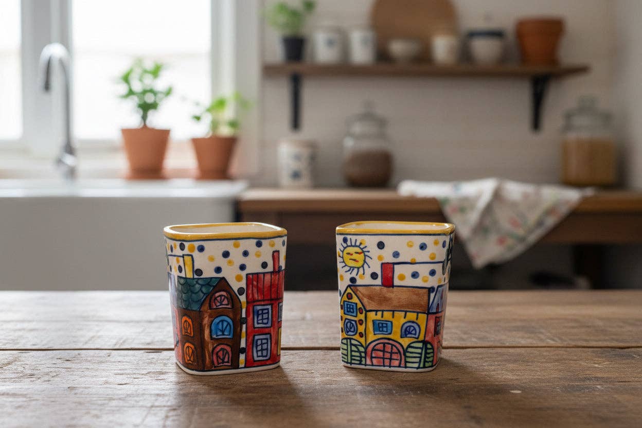 Pair of Colourful Whimsical Village Ceramic Pots H4.5"
