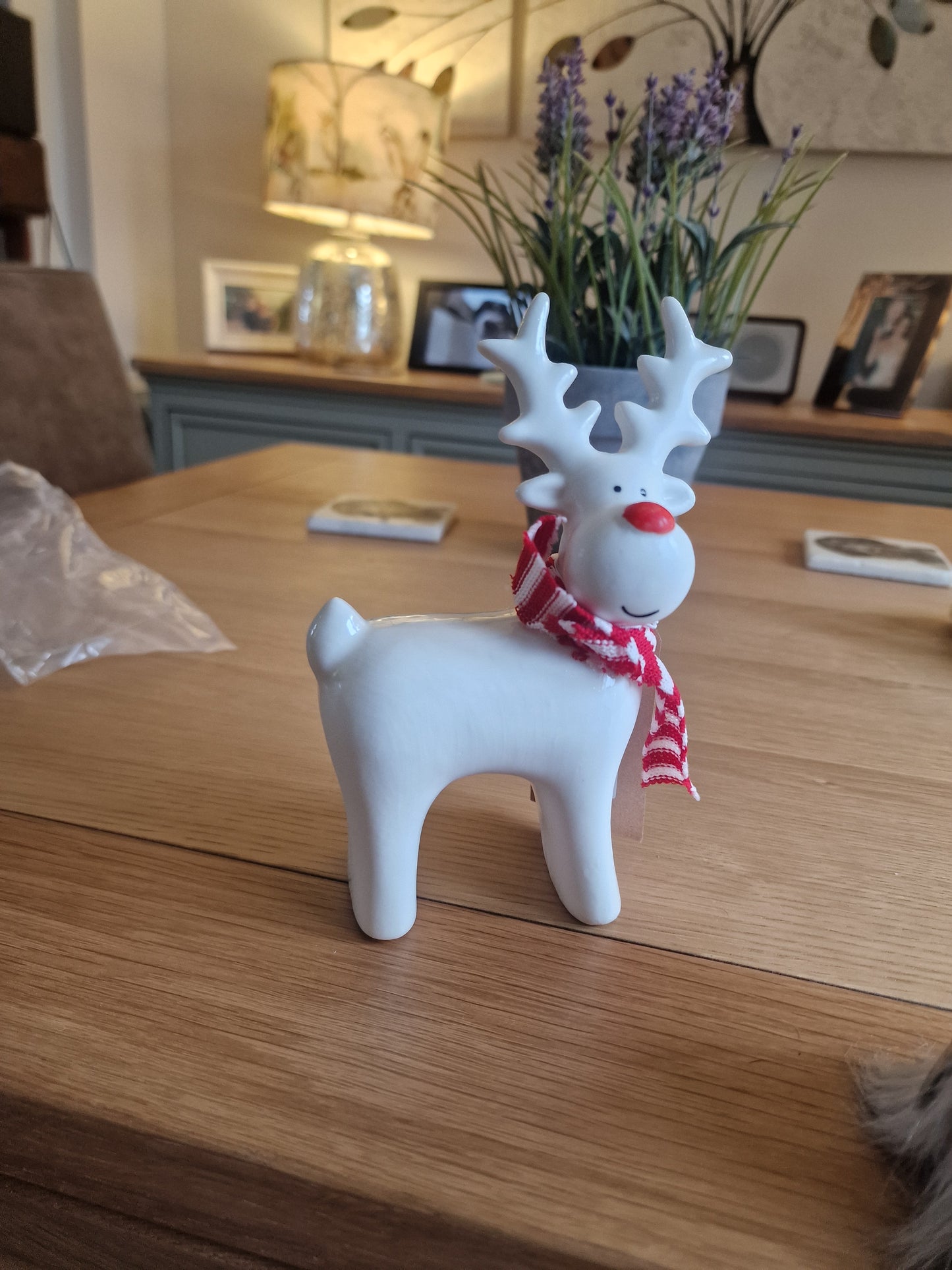 White Ceramic Reindeer Ornament with Knitted Scarf