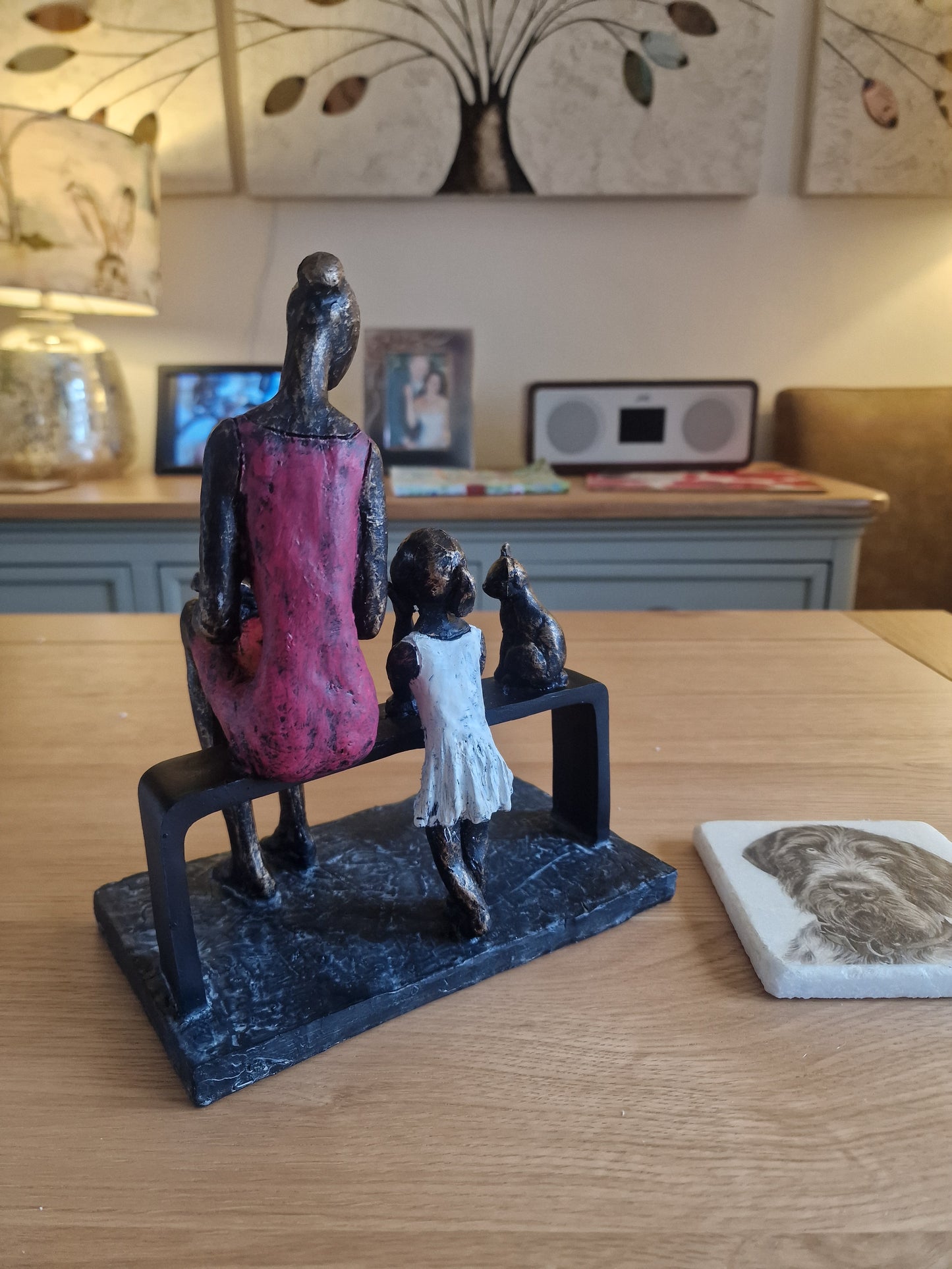 Mother & Daughter with Cat Sculpture H23cm