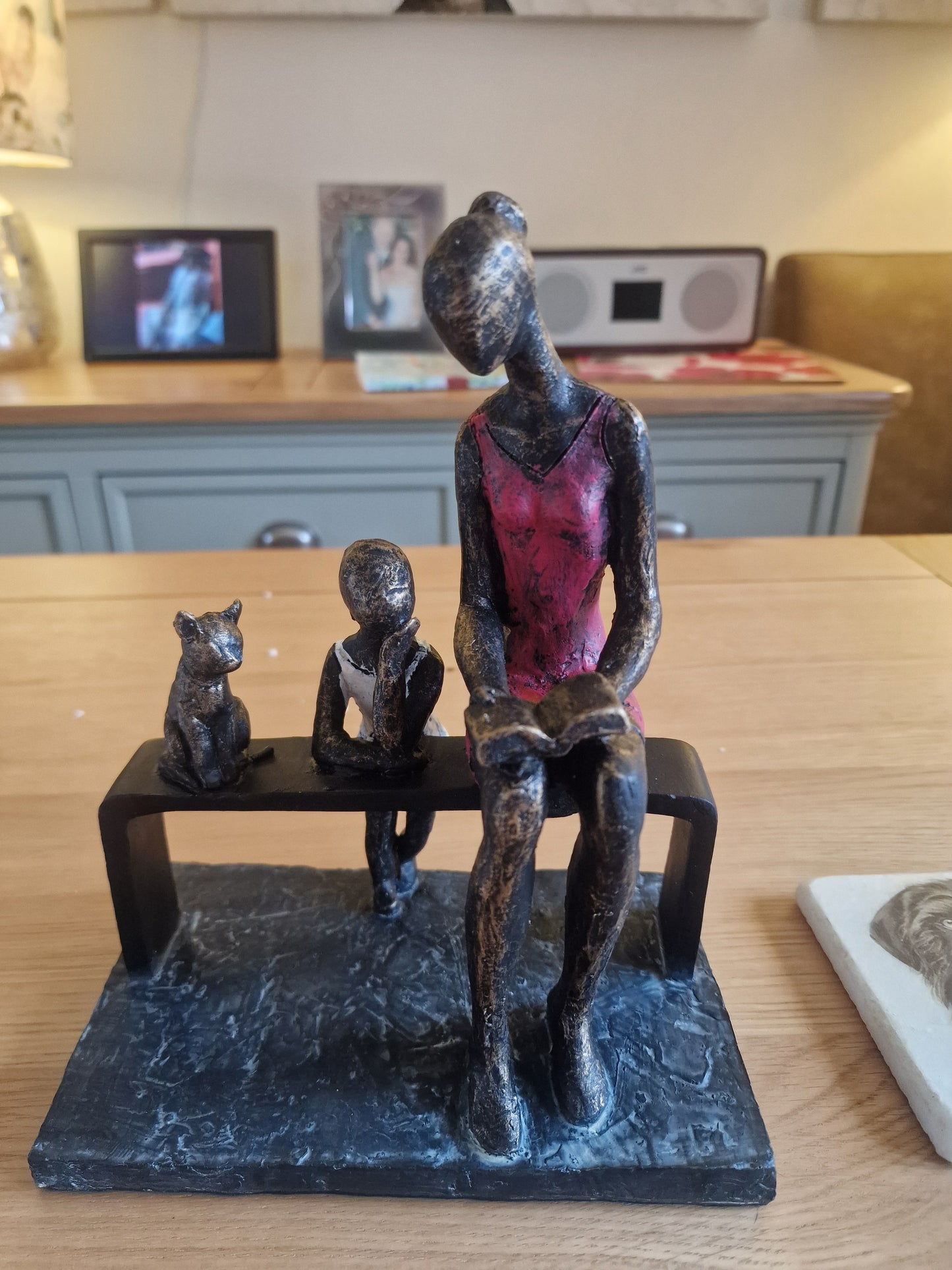 Mother & Daughter with Cat Sculpture H23cm