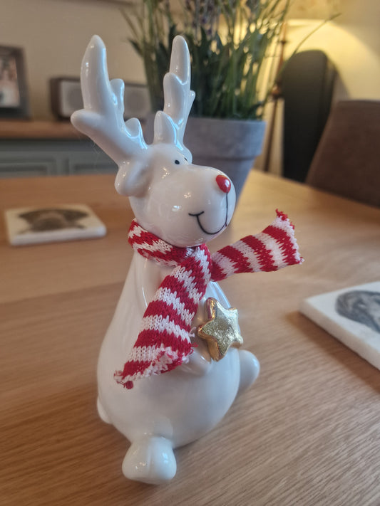 White Ceramic Reindeer Ornament with Knitted Scarf