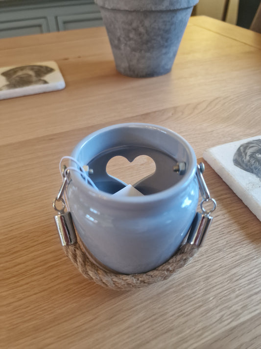 Grey Porcelain Heart Tealight Holder with Rope Handle H7cm