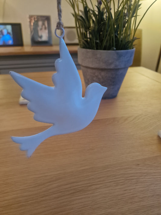 White Enamel Hanging Dove (a classic!) 12x11cm.