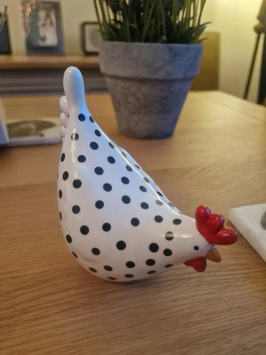 Chic medium sized, White  Dotty Chicken. Perfect! TD12.1cm x7.3cm H12.3cm