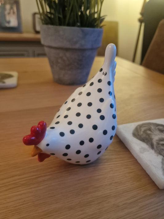 Chic medium sized, White  Dotty Chicken. Perfect! TD12.1cm x7.3cm H12.3cm