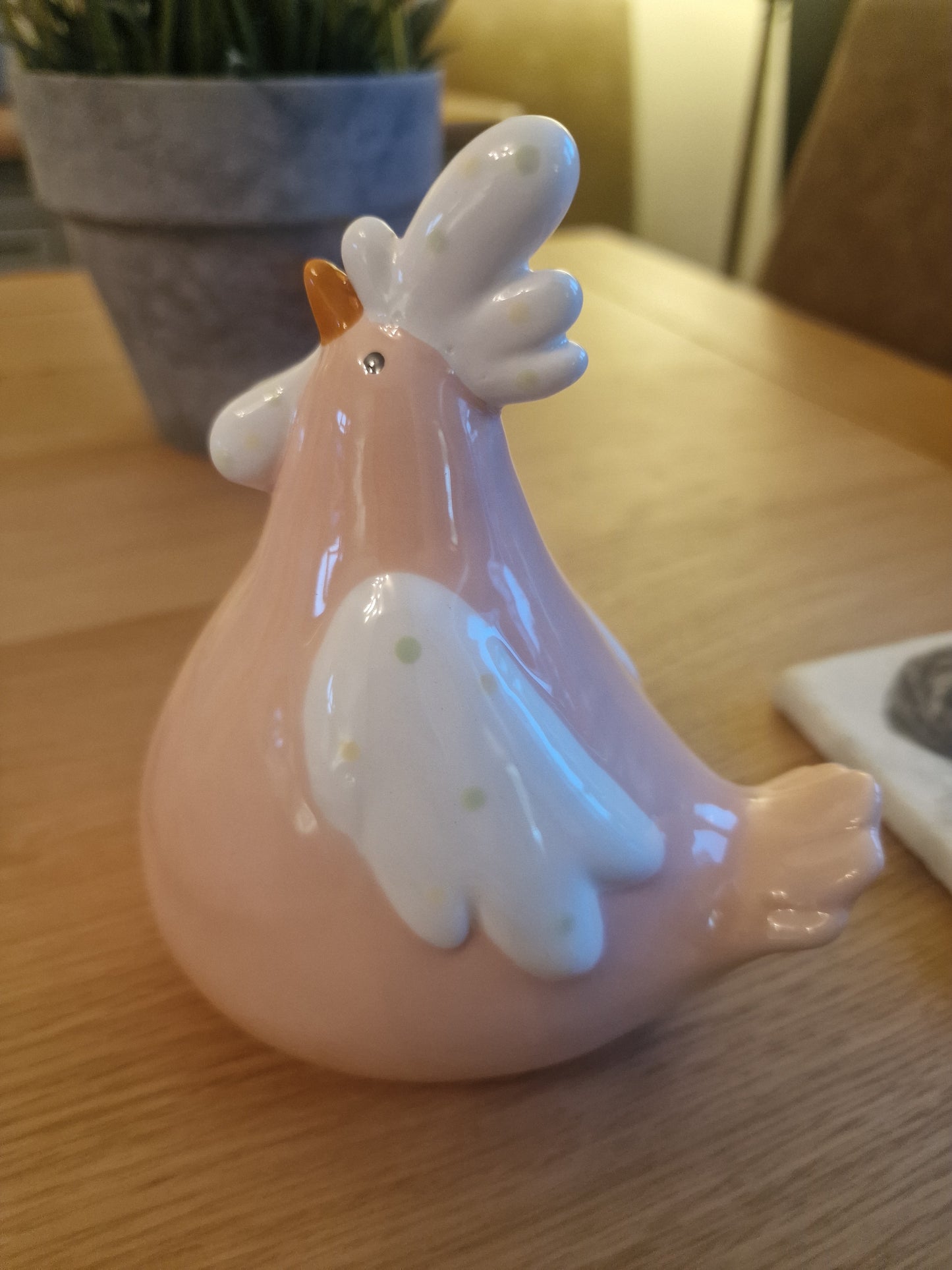 Decorative Pink and White Chicken made of Ceramic. H13.8