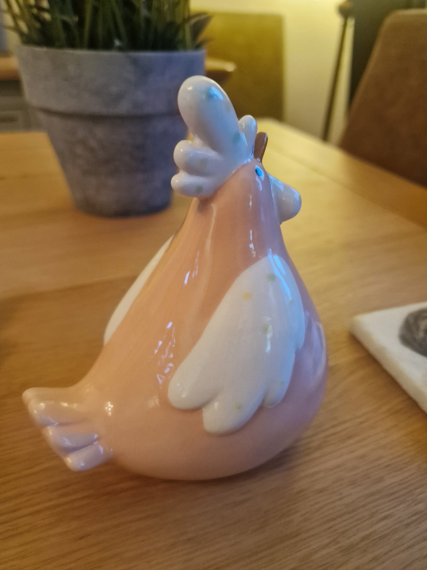 Decorative Pink and White Chicken made of Ceramic. H13.8