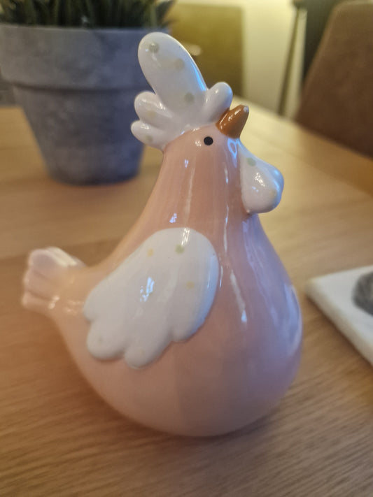 Decorative Pink and White Chicken made of Ceramic. H13.8 W12 D8.9