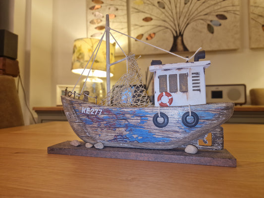 Fishing Trawler on Plinth, blue, 25cm