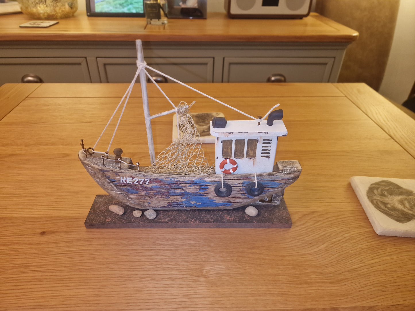 Fishing Trawler on Plinth, blue, 25cm