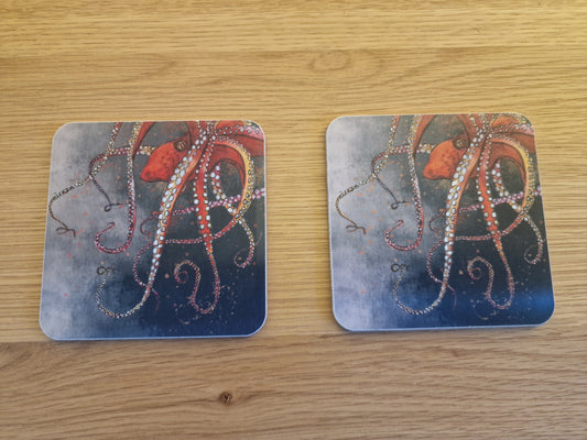 Red Octopus Coasters (Sold in Pairs)-handmade in the UK- Very High quality
