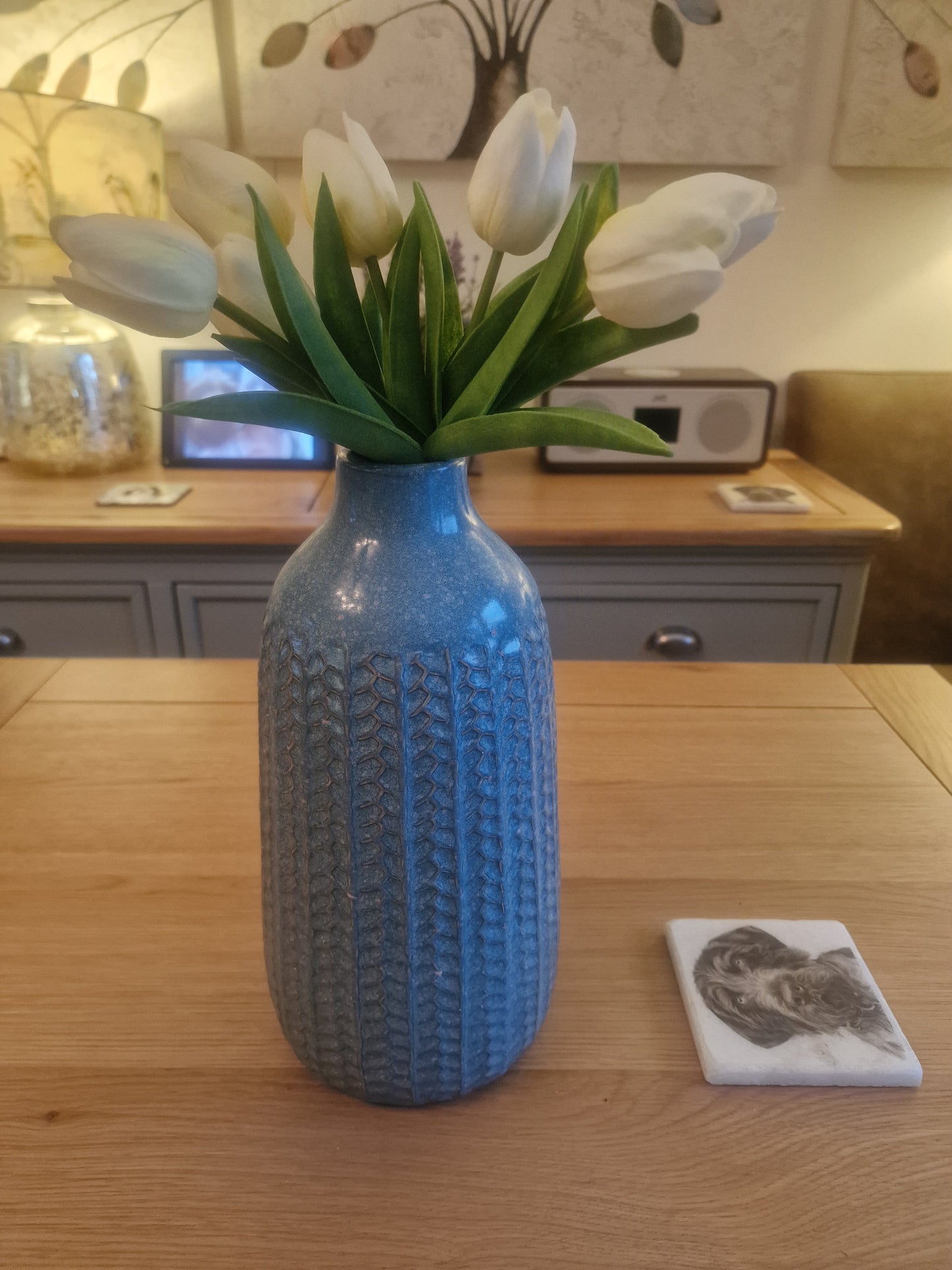 Blue Ceramic Vase with knitted finish H28.5cm -Lovely