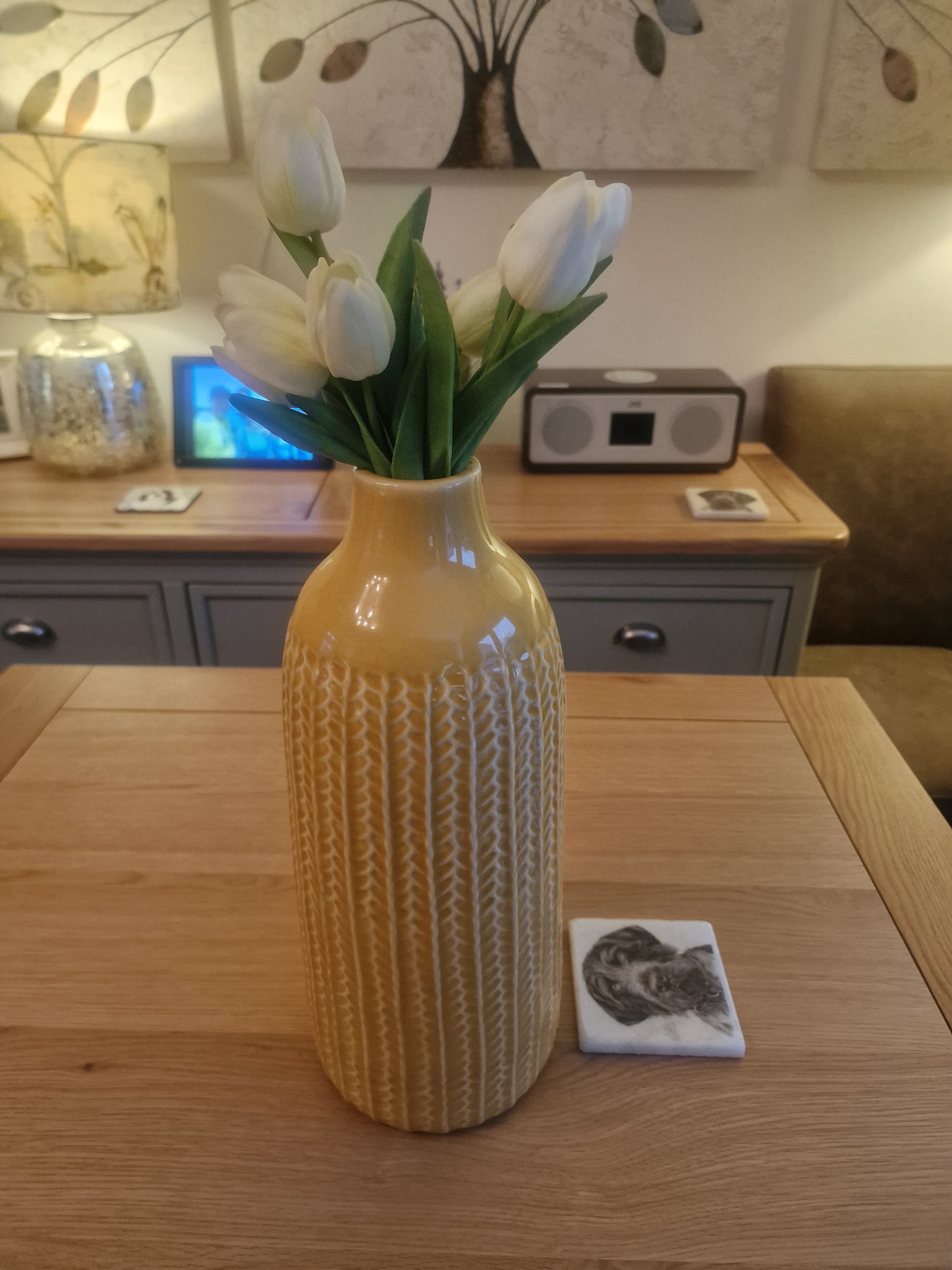 Beautiful Ribbed Yellow Ceramic Vase H38cm