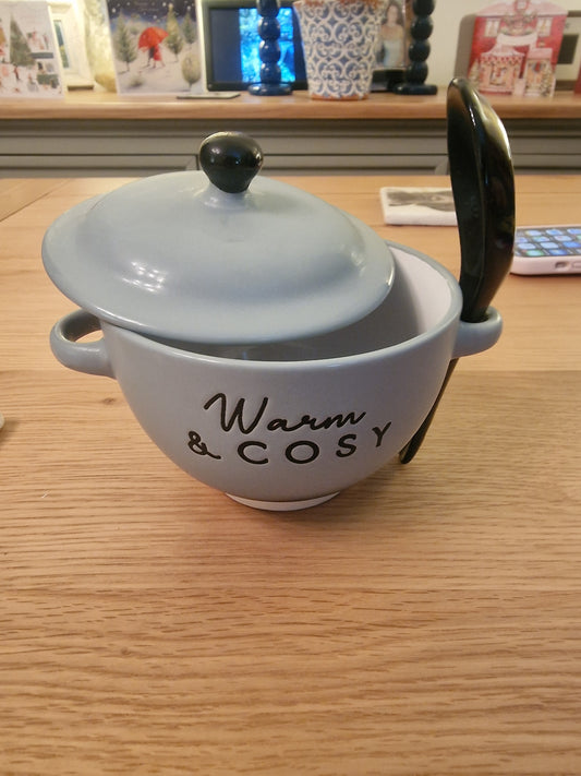 Small Blue Soup Bowl by "Warm & Cosy" , Lid and spoon. Width: 14.5cm